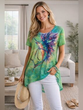 Leoma Lovegrove Art Print Top Colorful Marlin Fish Tunic Tee Coastal Resort Wear